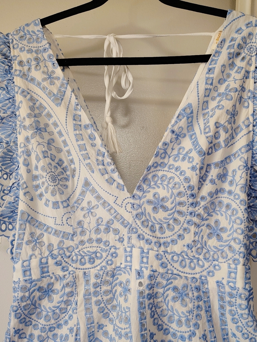 Embellished mini romper floral embroidery eyelets scalloped edges Cotton Sz L. - Picture 8 of 15